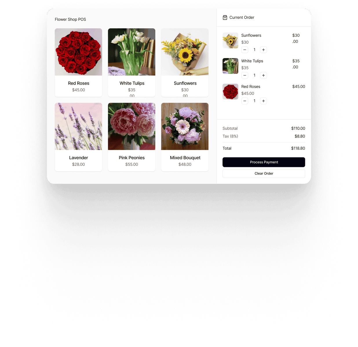 NuFlorist flower-shop POS with a product grid and order summary showing subtotal, tax, total, and Process Payment