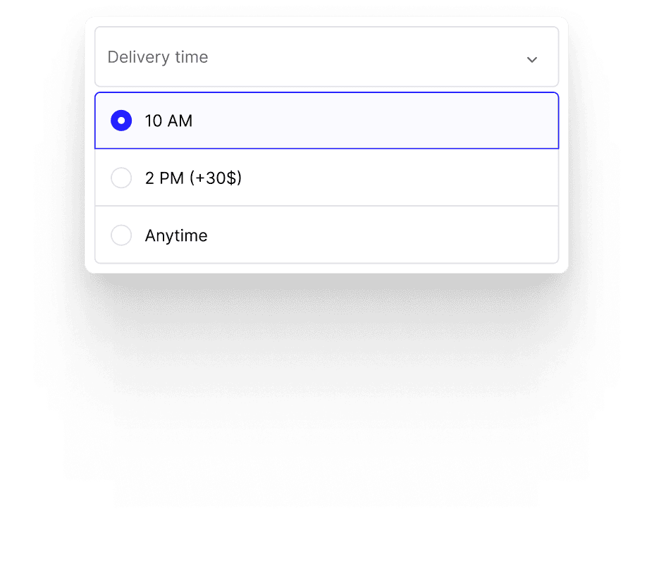 NuFlorist delivery time picker with 10 AM, 2 PM (+$30), and Anytime options for a time-based delivery surcharge