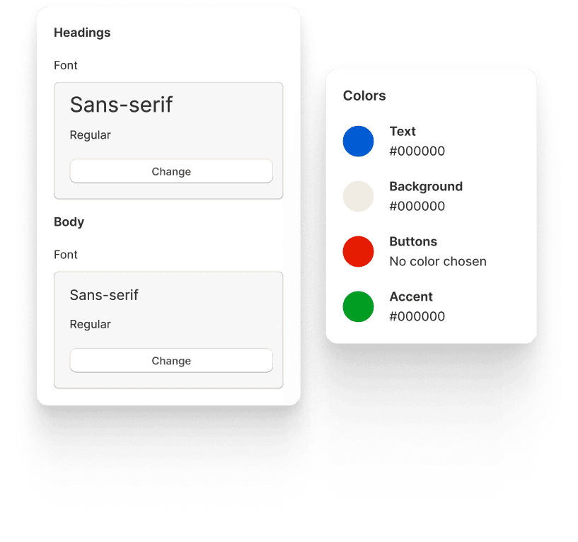 NuFlorist appearance settings with heading and body fonts and color pickers for text, background, buttons, and accent