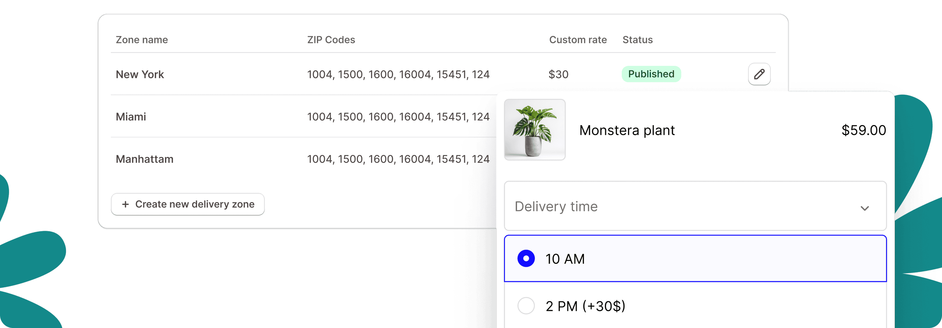 NuFlorist delivery-zone table of ZIP codes with custom rates, beside a plant product offering 10 AM and 2 PM delivery slots