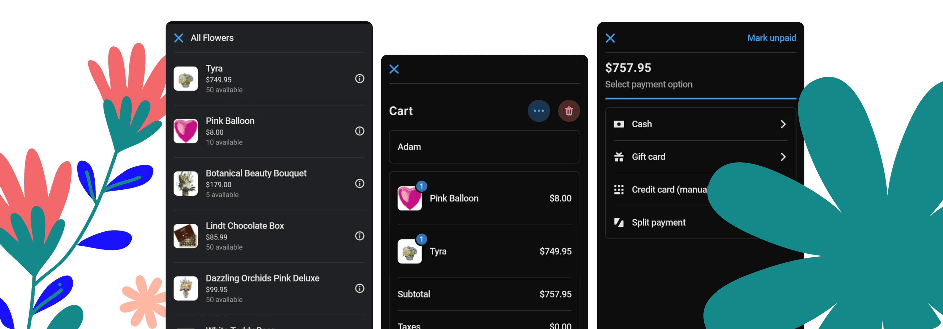 Shopify POS product and payment screens alongside NuFlorist florist-order fields for occasion, card message, recipient, and fulfillment
