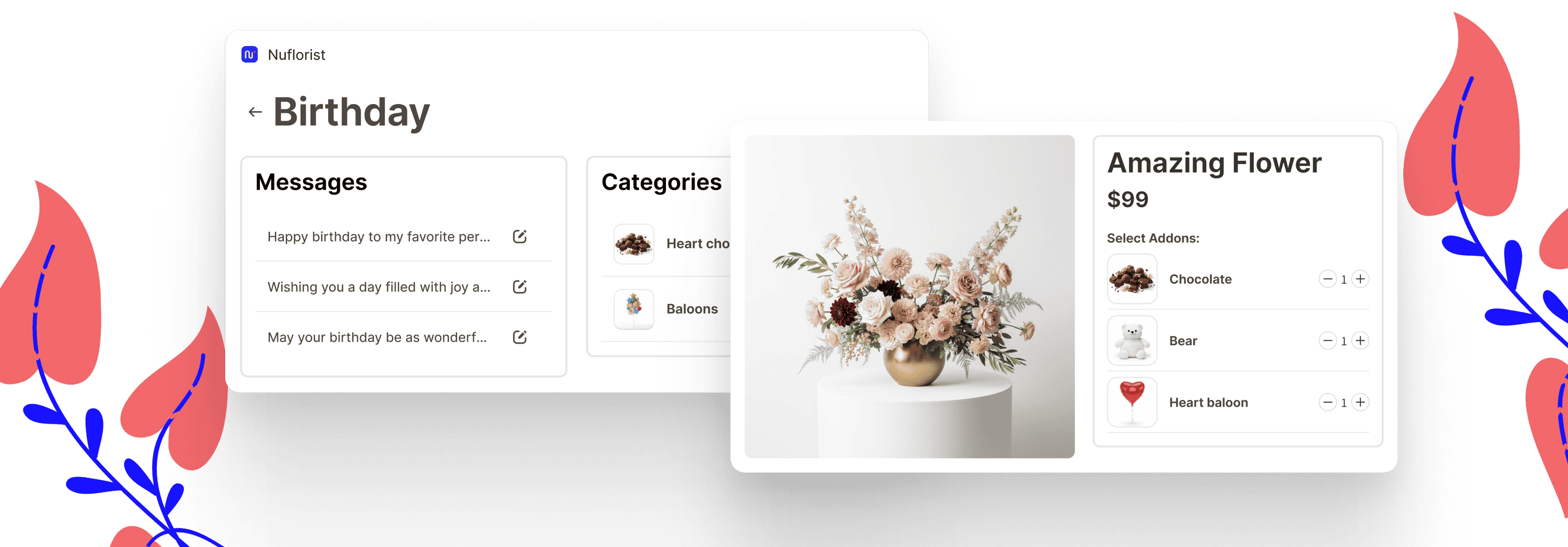 NuFlorist birthday occasion screen with card messages and add-on upsells like chocolate and balloons on a flower product