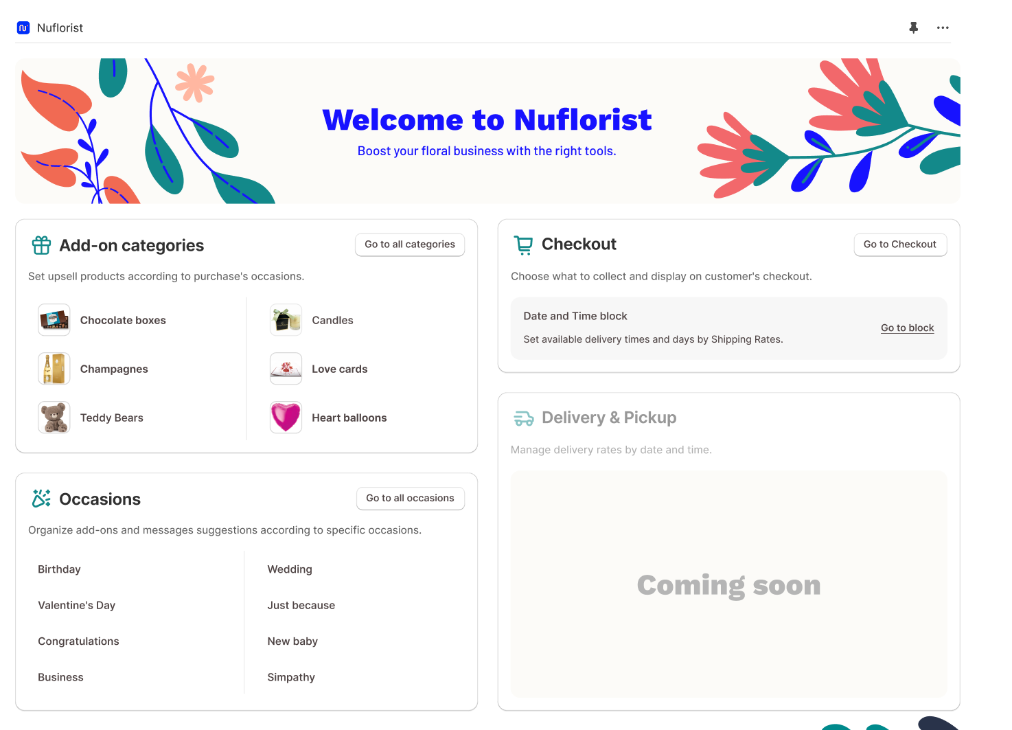NuFlorist Shopify app home with add-on upsells, occasion presets, checkout, and delivery rates