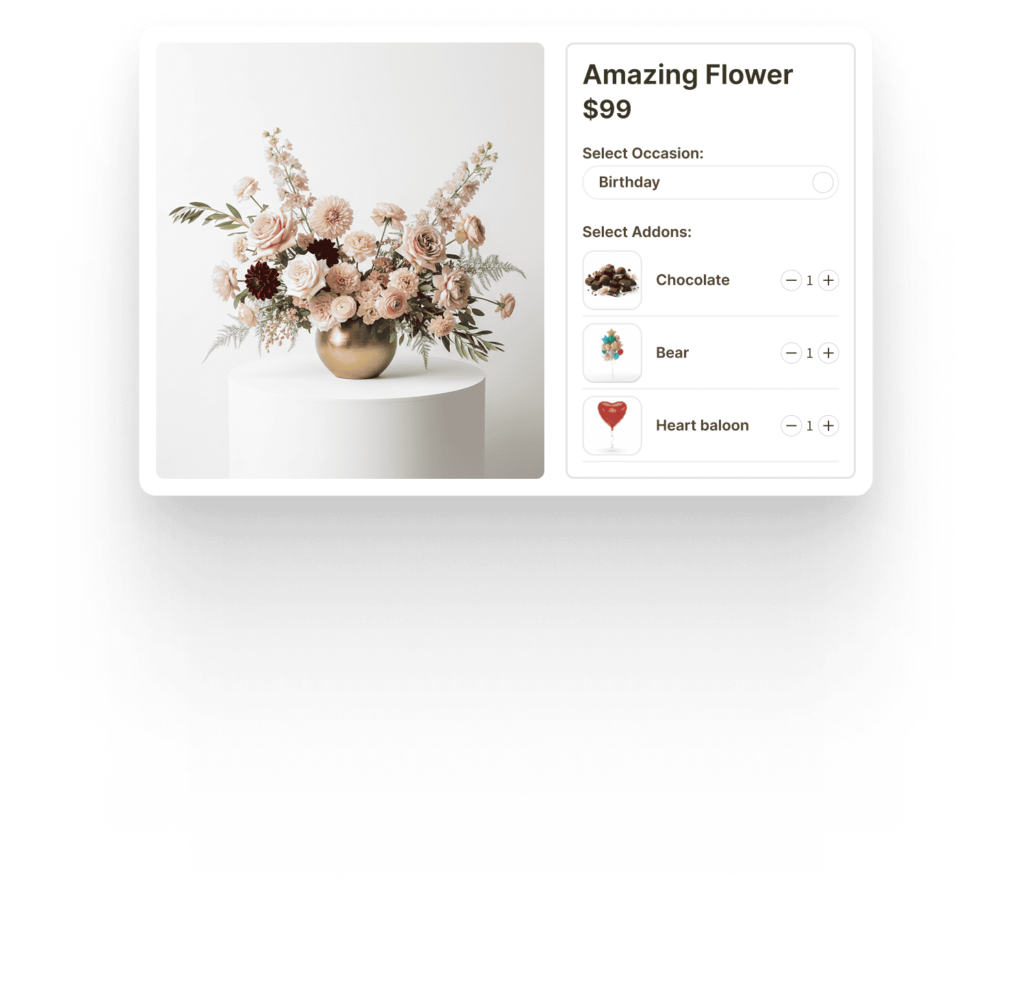 NuFlorist product upsell with an occasion picker and add-ons: chocolate, bear, and heart balloon with quantity steppers