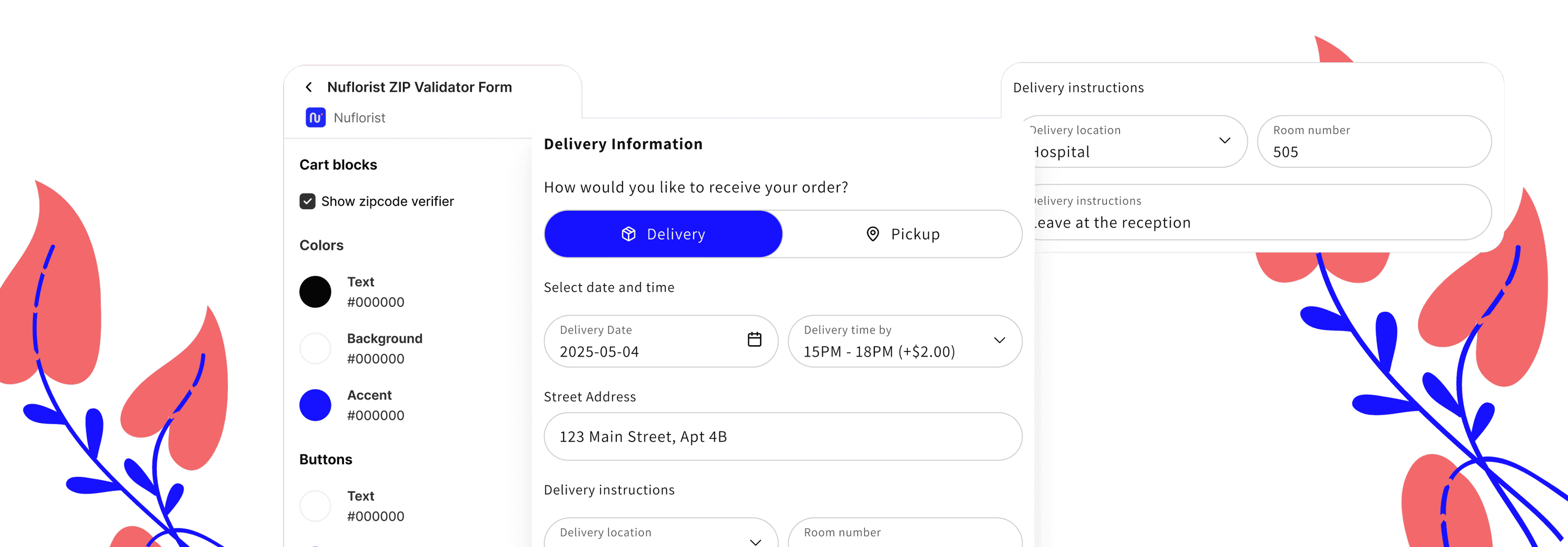 NuFlorist checkout delivery fields: delivery or pickup, date and time, address, and delivery instructions in Shopify